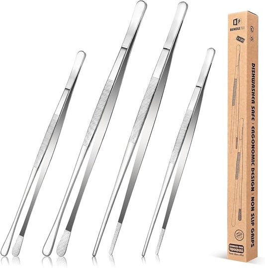 4 Pcs Fine Long Tweezer Tongs Professional Silver, 12'' and 10'' Stainless Steel for Kitchen, Food, Cooking, Repairing, Sea food and BBQ