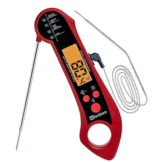 Wisebee 2-in-1 Meat Thermometer, Digital Instant Read Food Kitchen Thermometer with Dual Probes | Waterproof | Alarm Set | Calibration | Backlit | Hold Function for Cooking (Red)