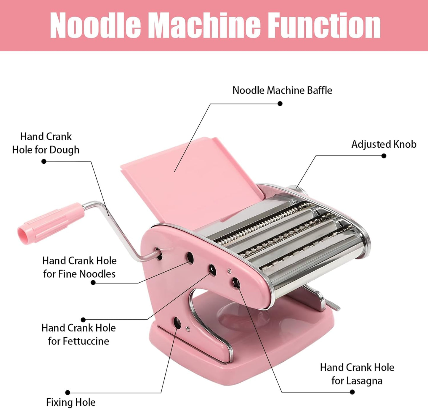 Pasta Maker Machine-6 Adjustable Thickness Settings, Adjustable Clamp, stainless steel Construction for Spaghetti, Fettuccini, Lasagna, Dumpling Skins (Pink pasta maker)