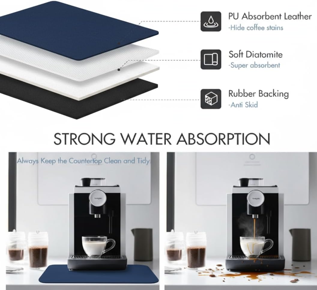 Dish Drying Mat Super Absorbent – 16" x 18" Coffee Mat for Countertops – Non-Slip Drying Mat for Kitchen Counter – Easy to Clean Water Absorbent Mat – Large Dish Drying Mats (Navy Blue)