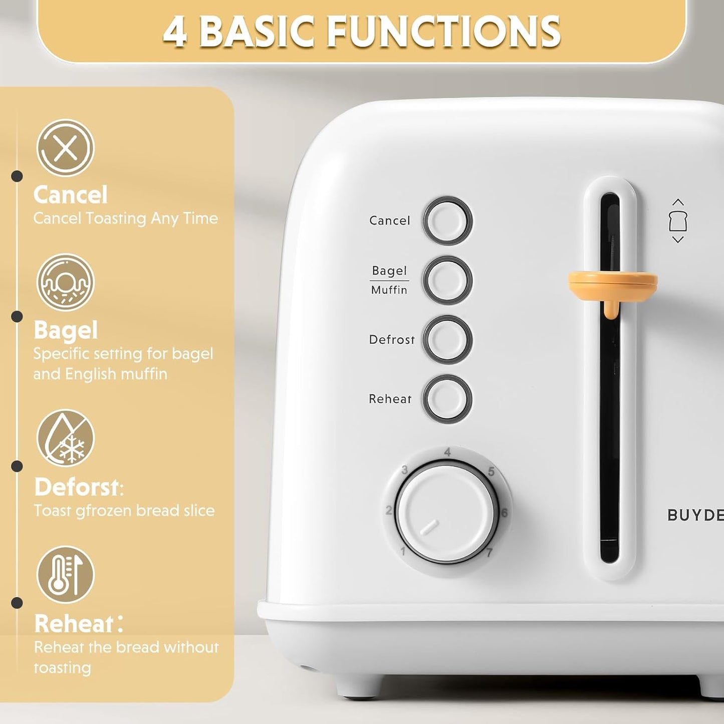 BUYDEEM DT620 2-Slice Toaster, Extra Wide Slots, Retro Stainless Steel with High Lift Lever, Bagel and Muffin Function, Removal Crumb Tray, 7-Shade Settings,Arctic White