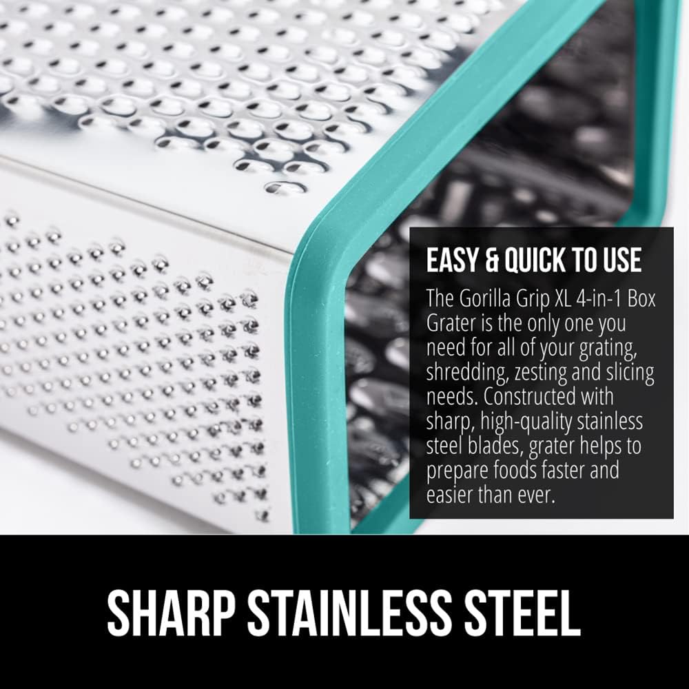 GORILLA GRIP 4-Sided 100% BPA-Free Cheese Grater With Container, Stainless Steel Box Graters, Parmesan Shredder, Grate Cheeses, Shred Veggies, Slip Resistant Handle, Dishwasher Safe Zester, Turquoise