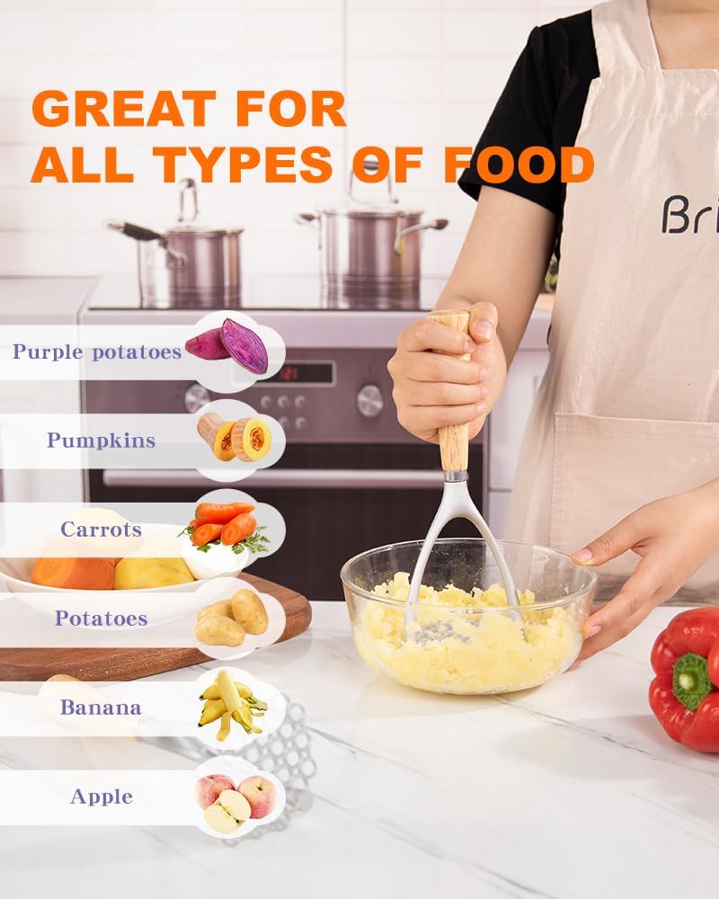 Brigii Potato Masher with Wooden Handle, Manual Potato Press for Kitchen Tool, Aluminum Alloy Potato Ricer For Fluffy Mashed Potato