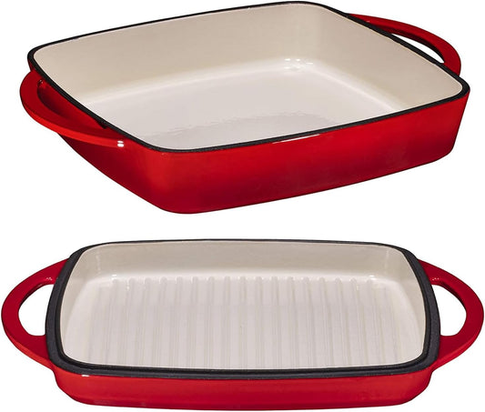 Bruntmor 2-in-1 Square Enameled Cast Iron Dutch Oven Baking Pan and Gridle Lid with Dual Handles, Cast Iron Skillet lid, Coating Gridle for Baking, Bacon,Steaks - Red
