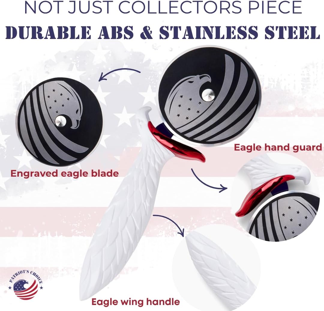 Patriot's Choice American Eagle Stainless Steel Pizza Cutter Wheel – Ultra Sharp with Built-In Finger Guard - Patriotic Kitchen Tools & Pizza Accessories Gift for Men - Dishwasher Safe 10"
