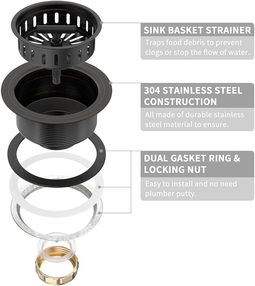 KONE 3-1/2 Inch Bronze Kitchen Sink Drain Assembly Kit - Oil Rubbed Bronze Stainless Steel with Strainer Basket/Drain Stopper