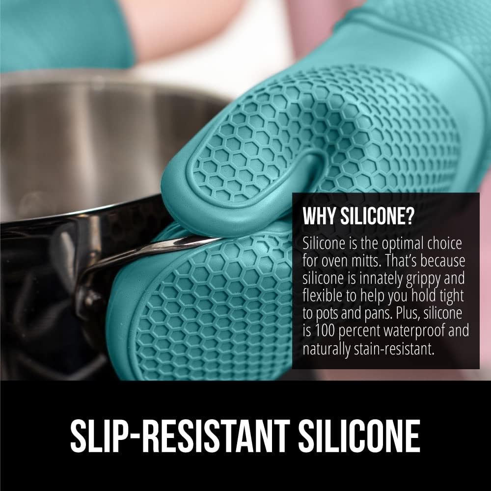 GORILLA GRIP BPA-Free Soft Silicone Oven Mitts, 14.5x8.3, Heat Resistant and Waterproof Cooking Gloves, Thick Cotton Lining, Flexible Gripping for Baking Grilling, Kitchen Potholders Set, Turquoise