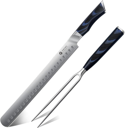 FINTISO BBQ Carving Knife Set, Brisket Slicing Knife and Fork Set, Japanese High Carbon Steel Slicing Knives with G10 Handle, Full Tang Ultra Sharp Meat Cleaver
