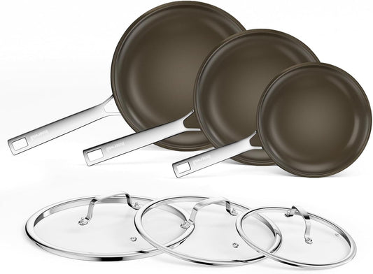 Stainless Steel Frying Pan Set with Lids,8inch 9.5inch 11inch Nonstick Ceramic Frying Pan Set of 3, Non Toxic Healthy Ceramics Omelet Pans,Chef's Pans,Skillets Kitchen Cooking Pan PFOA Free