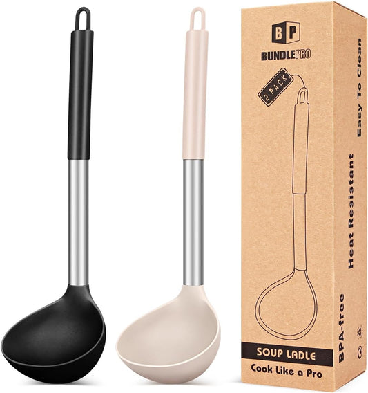 Pack of 2 Ladle Spoon,Silicone Large Spoon for Soup,Non Stick Kitchen Utensils with High Heat Resistant,BPA Free Perfect Kitchen Tools for Cooking, Stirring,Serving Soups (BLACK-KHAKI)