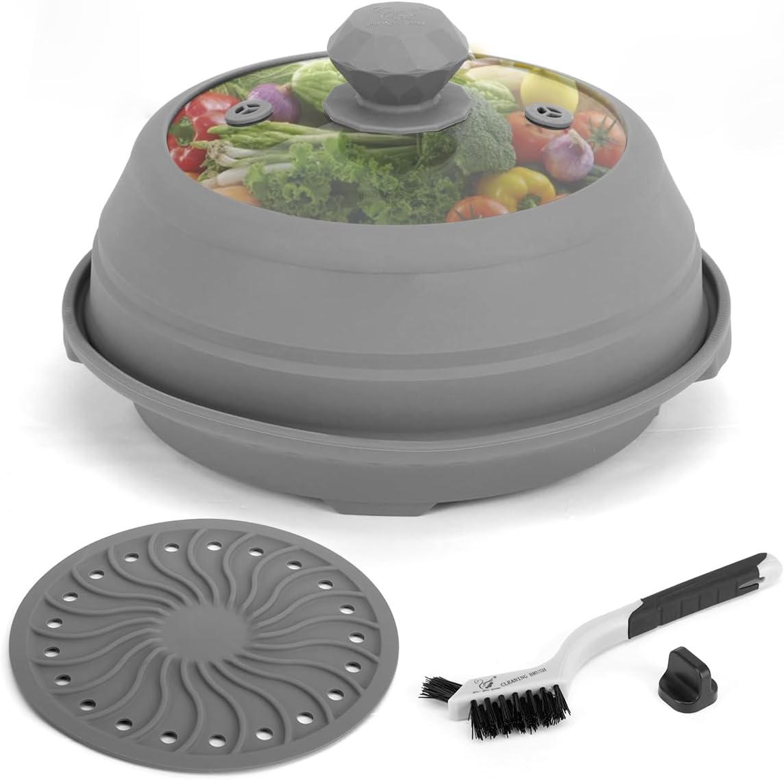 Microwave Splatter Silicone Cover Collapsible, Vented Multifunction Splash Lid with Glass Dish Bowl Plate for Food Cooking Bacon Maker, Dishwasher Safe BPA-Free 9 inch Cookware Set Grey