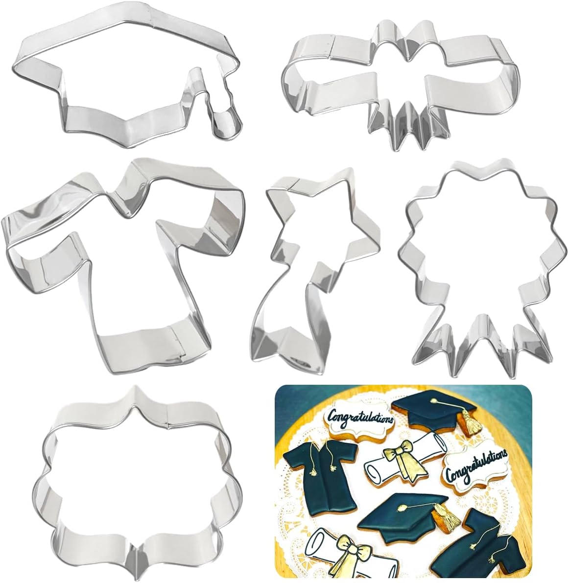 Graduation Cookie Cutters 6Pcs, Cap Gown Diploma Frame Medallion Shapes Cookie Cutter Mold, 304 Stainless Steel Biscuit Dough Fondant Cutters for Celebration Kitchen Baking