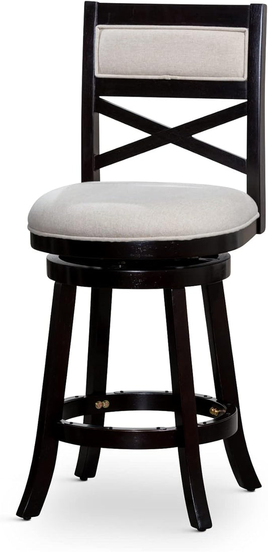 DTY Indoor Living Meeker X Back Fabric Swivel Stool, 24” Counter Height, Espresso Finish, Beige Fabric Seat