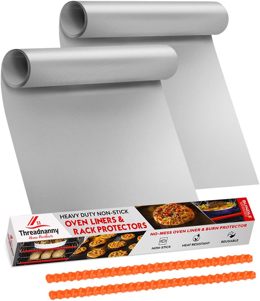 Oven Liners for Bottom of Oven Silver (2-pack) Bundled with Rack Shield (2-pack) - Large Mat for Bottom of Stove (17"x 25") and 14" Orange Range Guards for Racks - Reusable & Heat Resistant