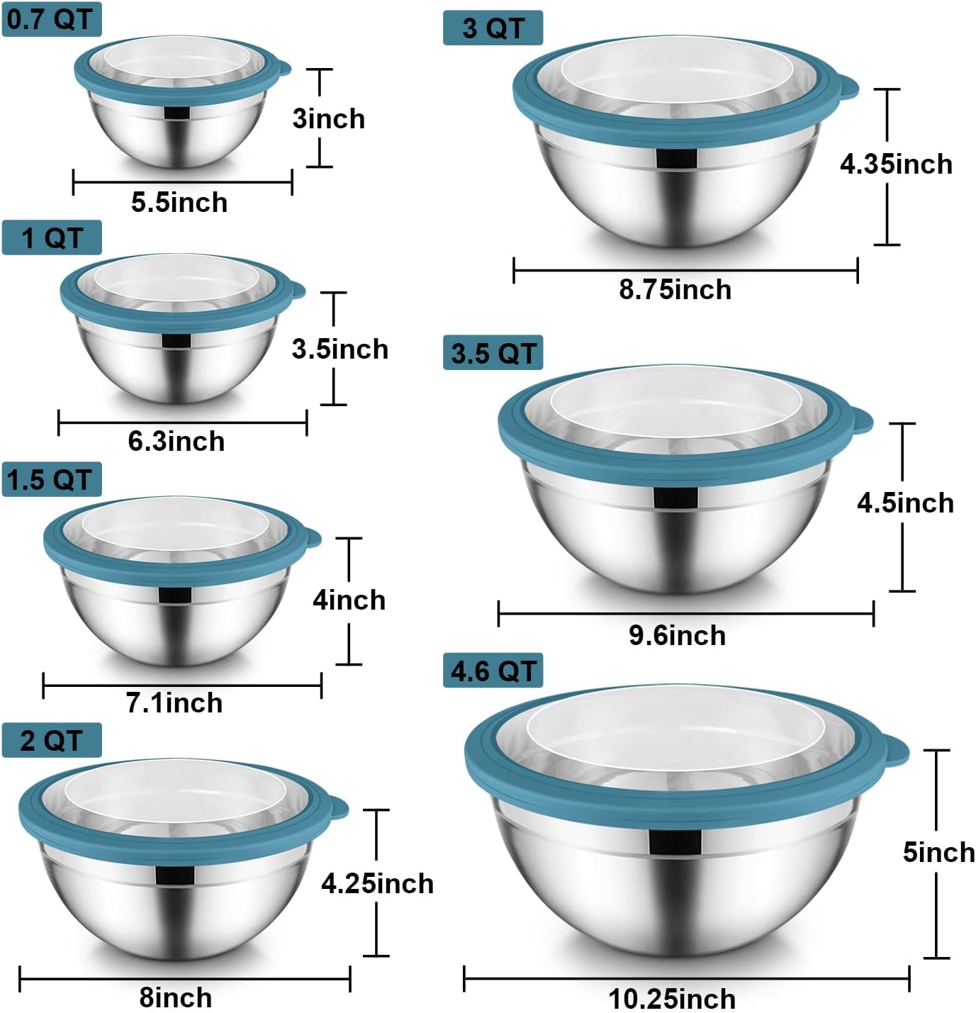 E-far Mixing Bowls Set of 7, Stainless Steel Mixing Bowls with Airtight Clear Lids, Metal Nesting Bowls for Kitchen Prep, Baking, Serving, Dishwasher Safe, Size 4.6, 3.5, 3, 2, 1.5, 1, 0.7QT, Blue