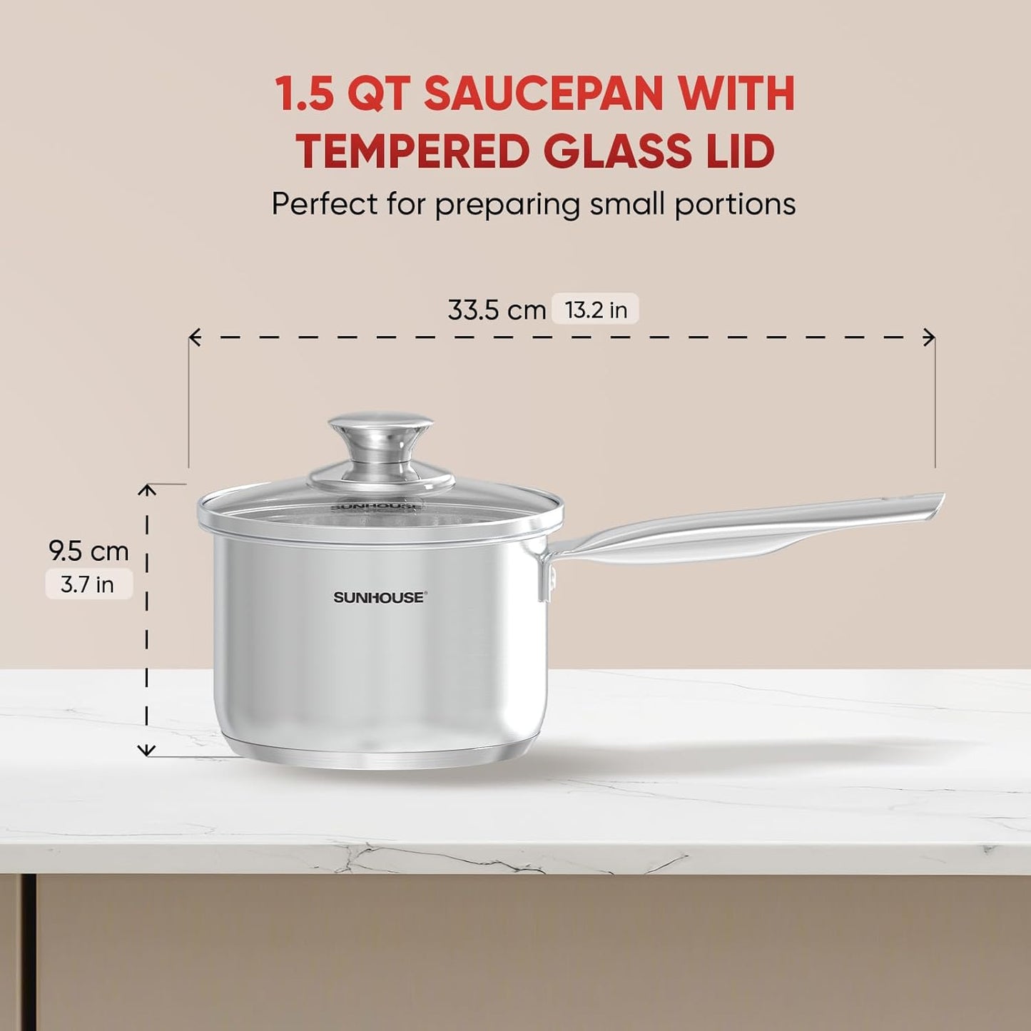 Sunhouse – 1.5 Quarts Stainless Steel Sauce Pan with Lid - PFOA-FREE, Stainless Steel Sauce Pan, Induction base, Stay-Cool Handle, Compatible with All Cooktops Gas, Geramic, Electric etc.