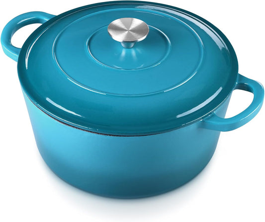E-far 6 Quart Dutch Oven, Enameled Cast Iron Dutch Oven Pot with Lid, Nonstick Round Cookware for Braising/Stews/Roasting/Bread Baking/Cooking, Heavy Duty, Induction & Oven Safe - Teal Mist
