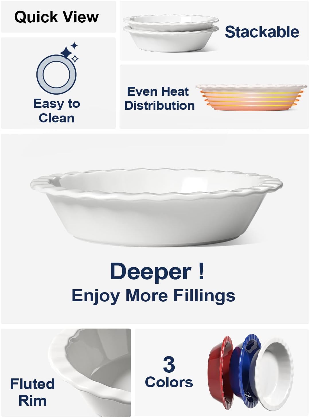 LE TAUCI Ceramic Pie Pans Plate for Baking, 9 inch Deep Dish Baking Dish, 52 ounce Bakeware for Apple Pecan Pie, Set of 2, White