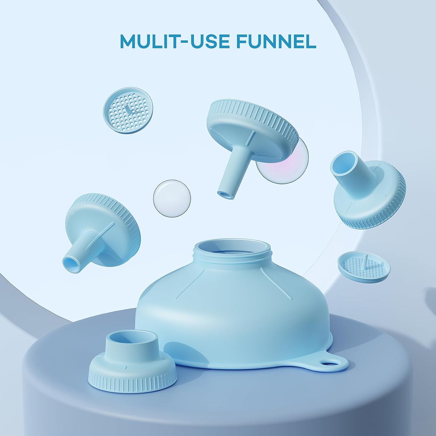 Pisol Wide Mouth Versatile Funnel, Canning Funnels for Kitchen Use, Food Grade Plastic Cooking Funnel Set with 4 Size Spouts and 2 Strainers for Filling Different Bottles and Bags, Blue