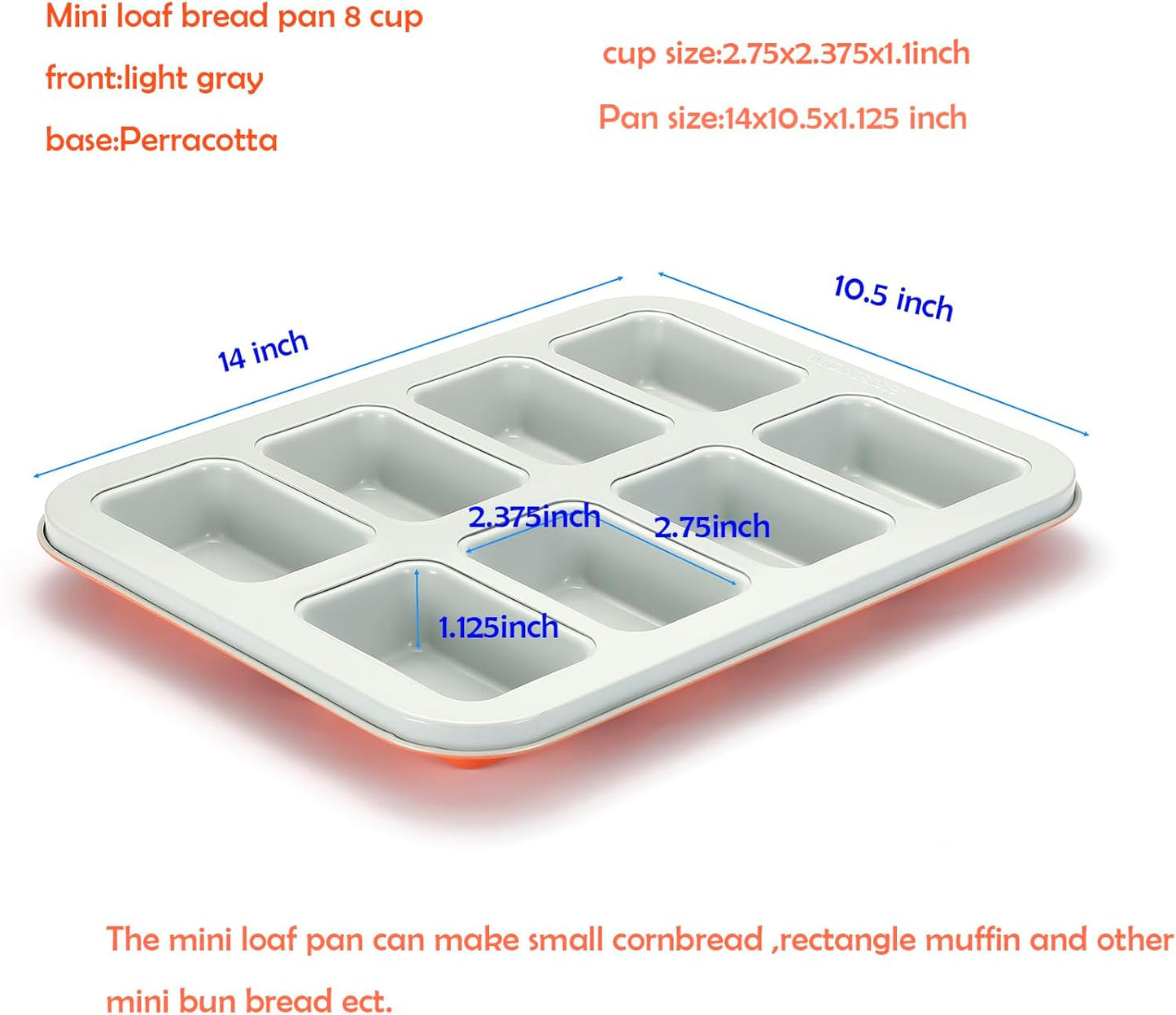 Mini Loaf Baking Pan 8 Cavity- Small Rectangle cake Pan -Financier Cake Mold Carbon Steel light gray non-stick coating bakeware w Perracotta base