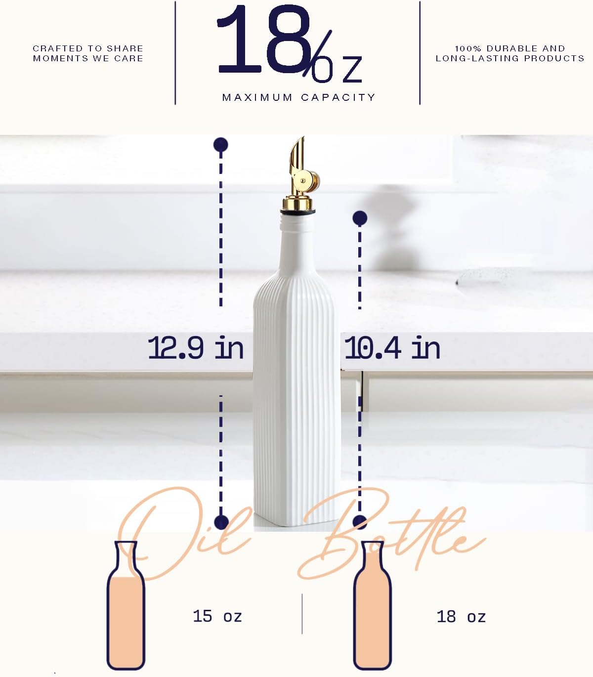 getstar 18 oz Olive Oil Dispenser Bottle for Kitchen, Ceramic Oil Bottle with Automatic Stainless Steel Pourer (Golden Pourer)