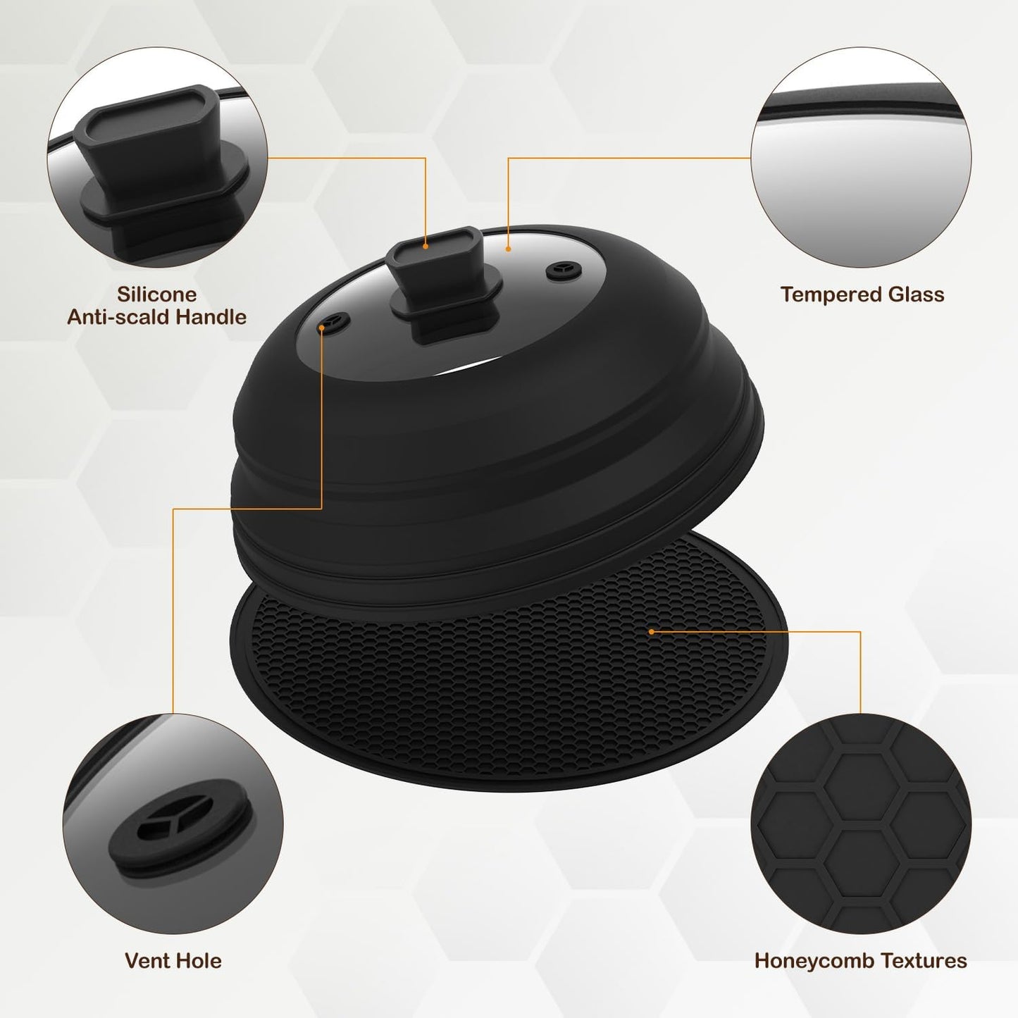 Lzerking Microwave Splatter Cover & Silicone Mat, 10.8 inch Glass Splatter Guard Lid with Collapsible Silicone for Food, Fits 6-10 inch Pot Plate Bowl, Heat Resistant, Dishwasher Safe, Kitchen, Black