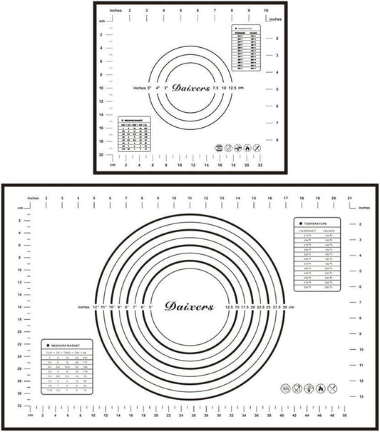 Silicone Baking Mats Set of 2,Large 23.62" x 15.74" Small 11.41" x 10.23",Non Stick Non Skid Pastry-Mat with Measurements (Black)