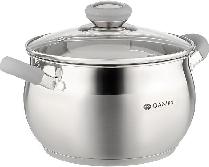 Daniks Modern Stainless Steel Stock Pot with Glass Lid – Induction 3 Quart, Dishwasher Safe, Heatproof Handles, For Soup, Pasta, Stew, Silver