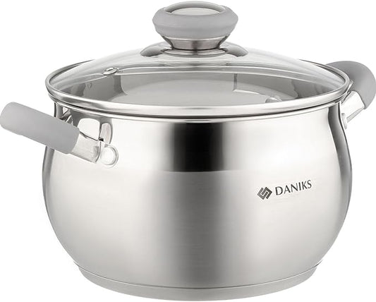Daniks Modern Stainless Steel Stock Pot with Glass Lid – Induction 3 Quart, Dishwasher Safe, Heatproof Handles, For Soup, Pasta, Stew, Silver