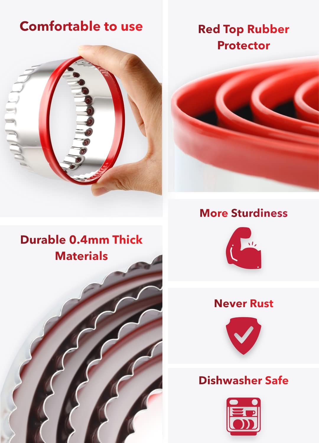 4-Pieces Fluted Round Cookie Cutters, Metal Circle Biscuit Cutters Set, Wave Cookies Cutter with Fluted Edge, Unique Design with Protective Red Top PVC