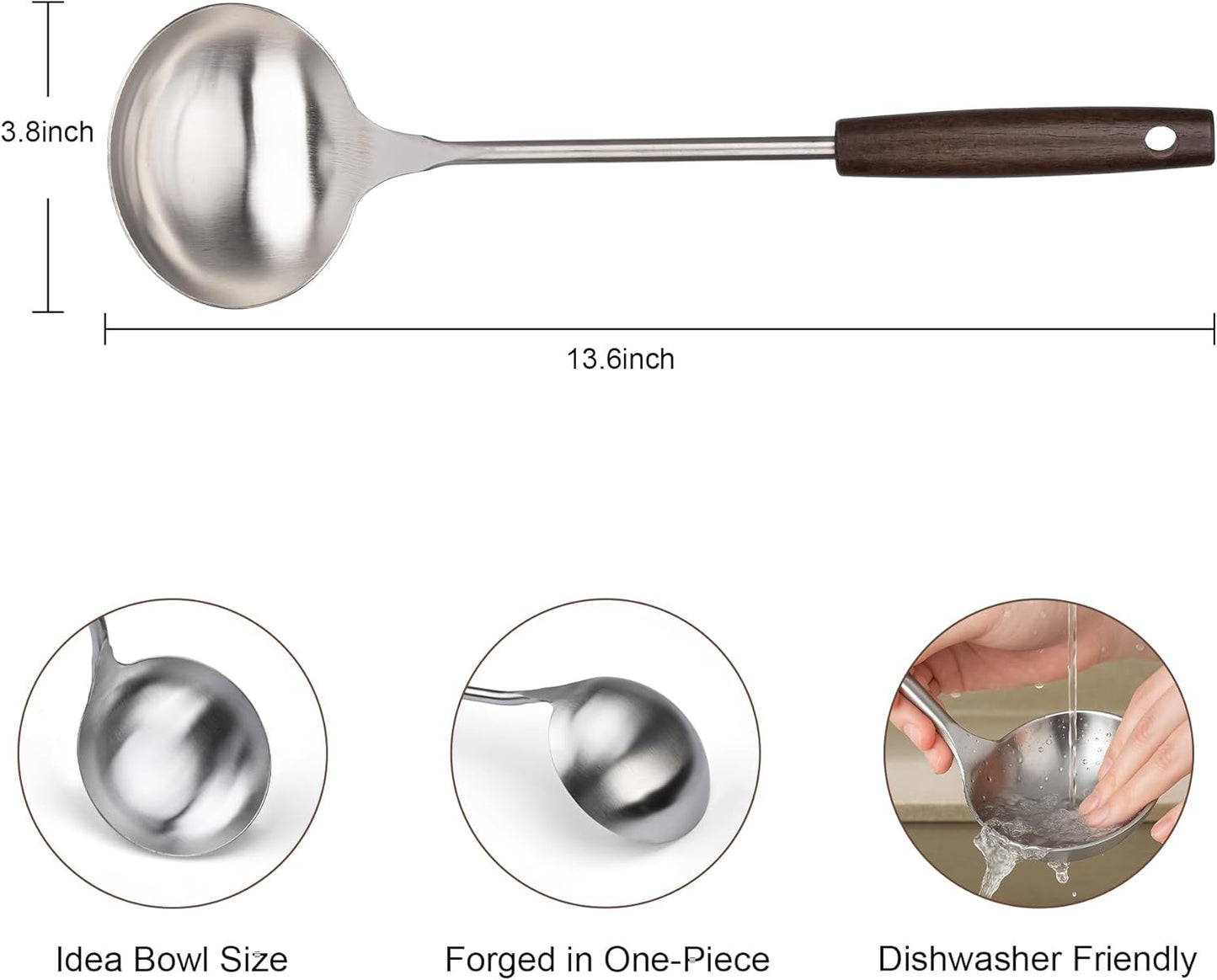 FJNATINH Soup Ladle, Stainless Steel Ladle with Heat Resistant Wooden Handle, Food Grade Metal Cooking Soup Spoon Kitchen Tools, Easy to Clean