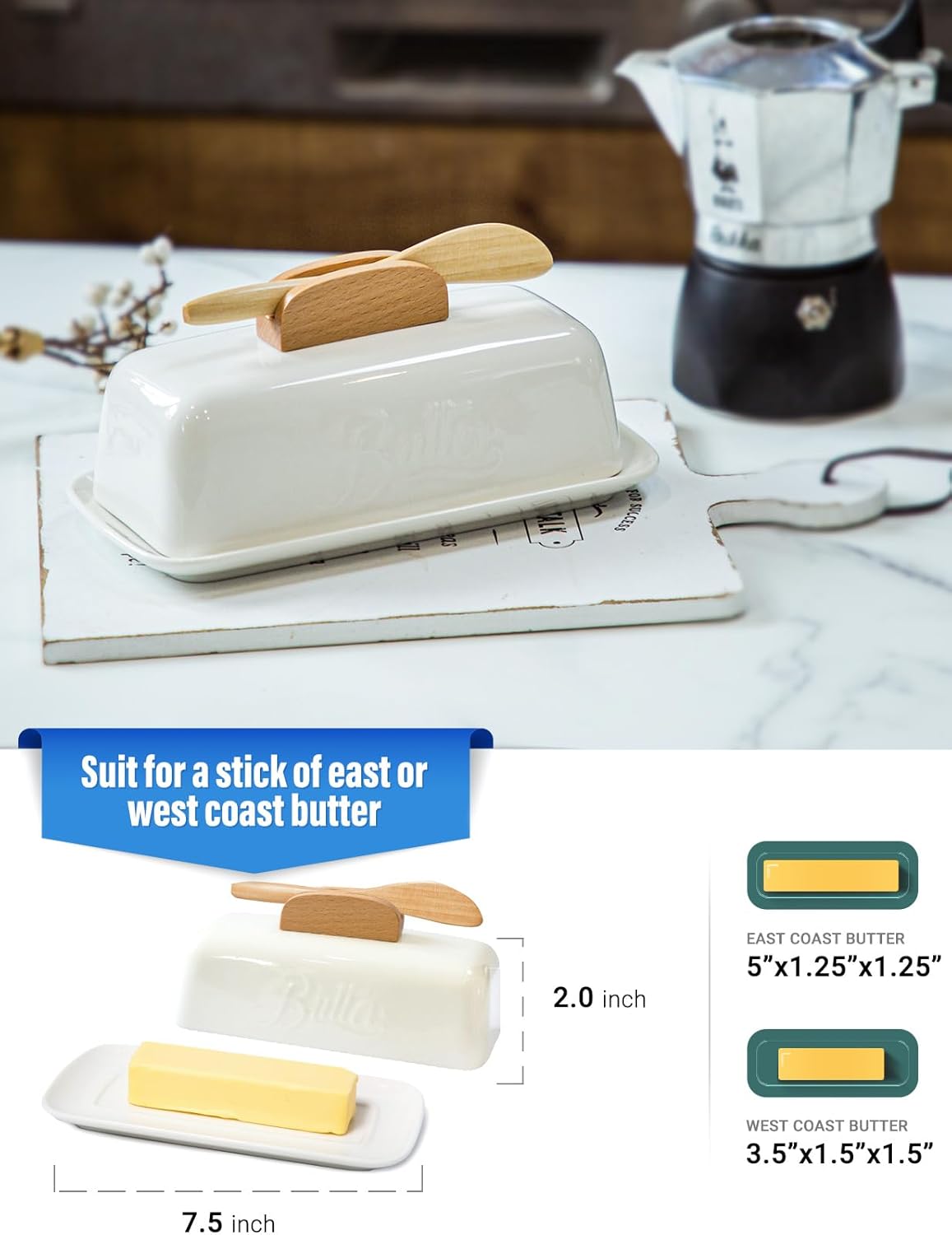 Butter Dish with Lid and Knife Ceramic Butter Holder for Counter Humanized Clamp-able Knife Handle Design, Perfect for East West Coast Butter, White