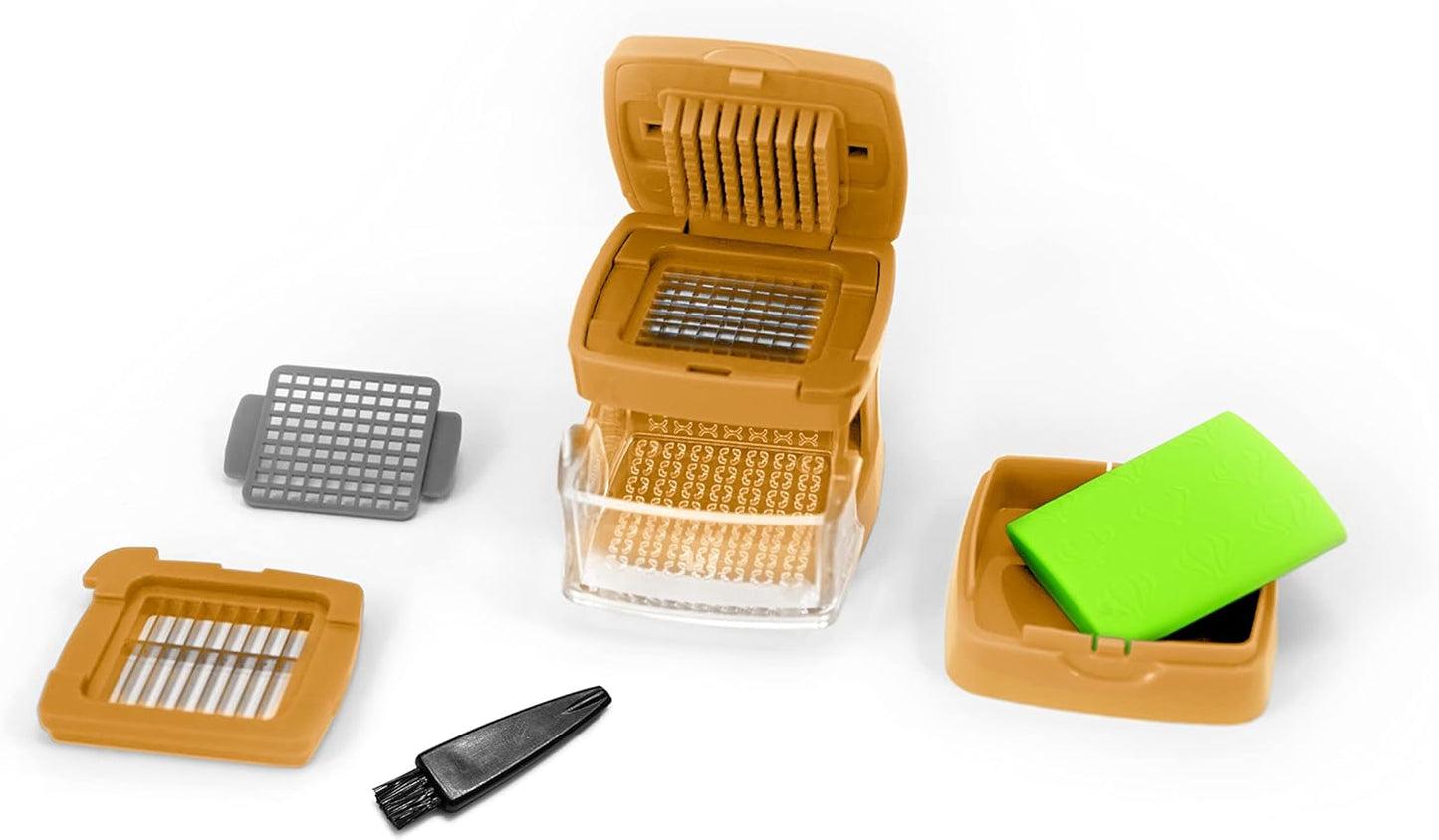 Garlic-A-Peel Garlic Press, Crusher, Cutter, Mincer, and Storage Container - Includes Silicone Garlic Peeler - Easy to Clean - Stainless Steel Blades – (Honey), standard