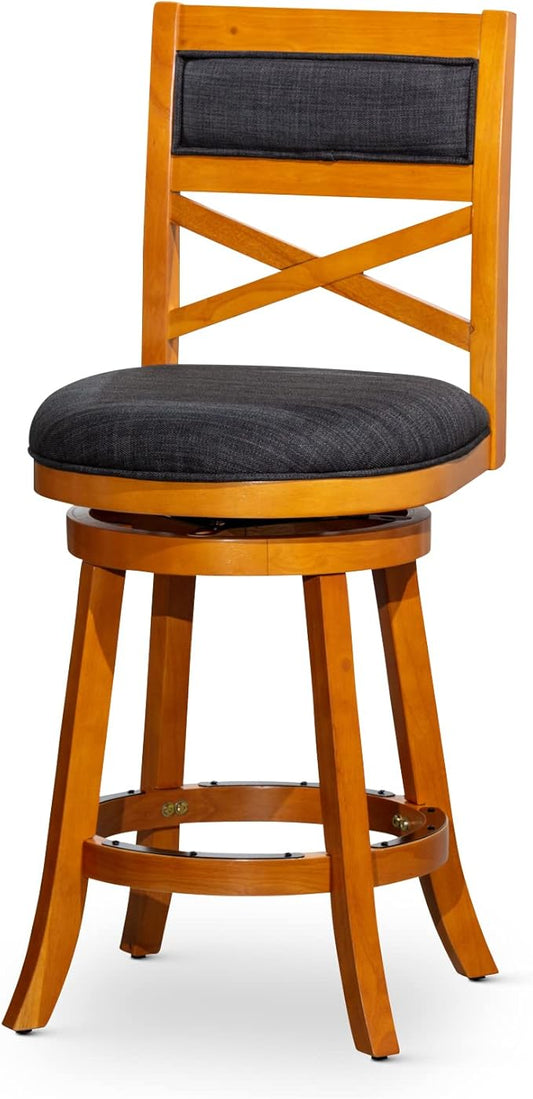 DTY Indoor Living Meeker X Back Fabric Swivel Stool, 30” Bar Height, Natural Finish, Charcoal Fabric Seat
