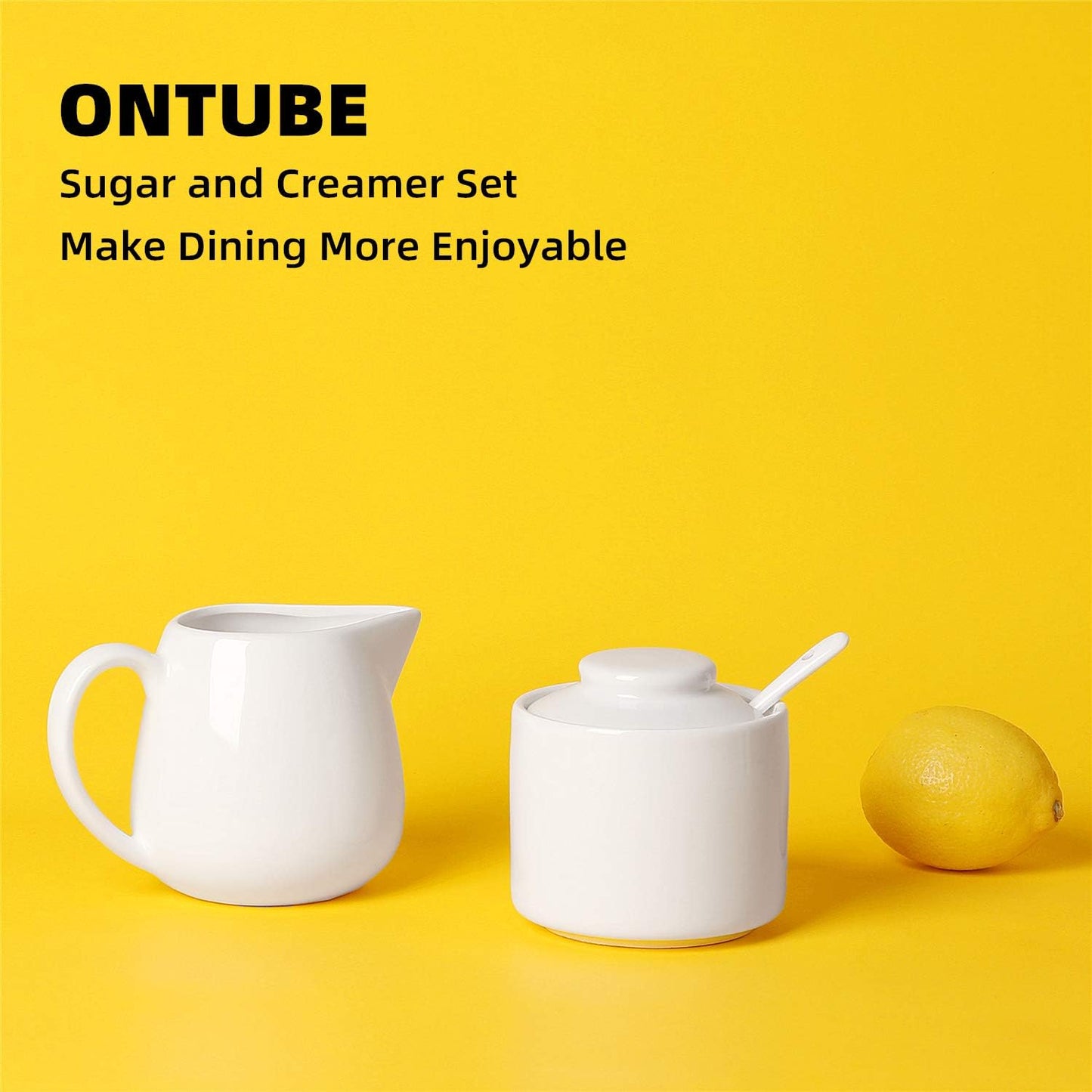 ONTUBE Porcelain Sugar and Creamer Set of 3,Cream Pitcher, Spoon, Sugar Bowl with Lid,Cream (White)