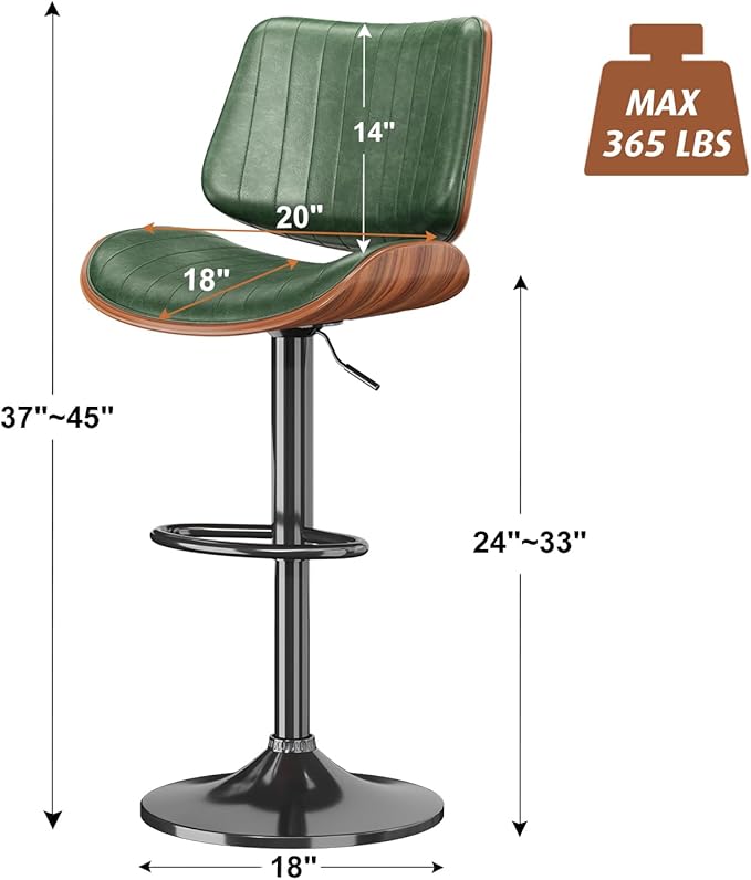 Swivel Bar Stools Set of 4, Adjustable Bentwood Barstools for Kitchen Counter, Modern PU Leather Upholstered Bar Chair with Back and Footrest, for Kitchen Island, Bar, Dining Room, Green