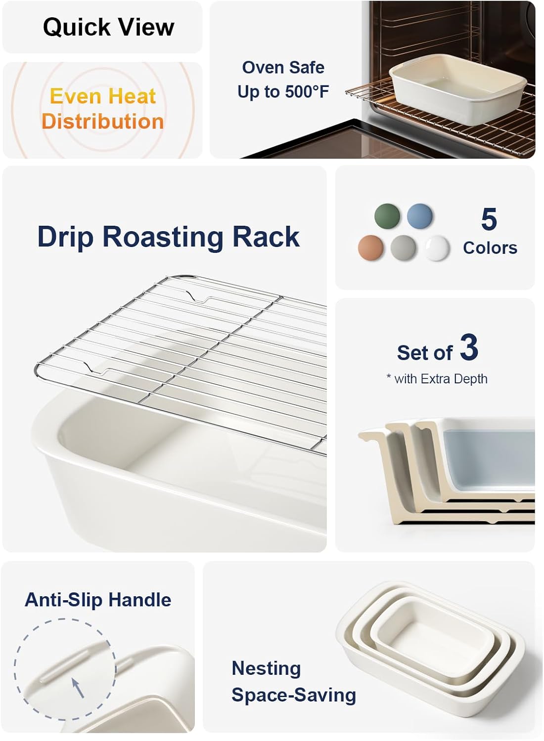 LE TAUCI Deep Casserole Dishes for Oven, 13.7”x9.6” Ceramic Baking Dish Set with Roasting Racks, Large Lasagna Pans with Handles, Rectangular Bakeware as Gift for Mom, White (4.6QT/3.0QT/1.6QT), Set of 3