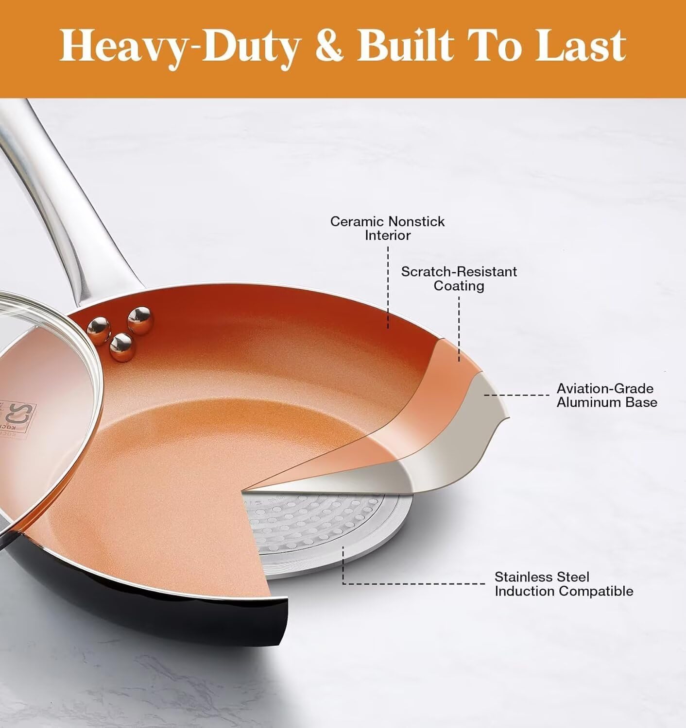 KOCH SYSTEME CS Little Skillet with Lid - 8" Copper Nonstick Frying Pan for Oven & Stove, Small Skillet with Ceramic Coating, Aluminum Nonstick Pan, 100% PFOA Free, All Stove Tops Compatible