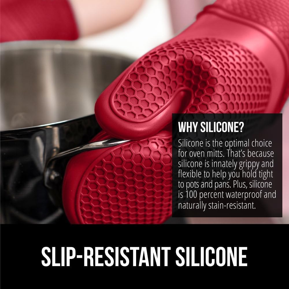 GORILLA GRIP BPA-Free Soft Silicone Oven Mitts, 14.5x8.3, Heat Resistant and Waterproof Cooking Gloves, Thick Cotton Lining, Flexible Gripping for Baking Grilling, Kitchen Potholders Set of 2, Red