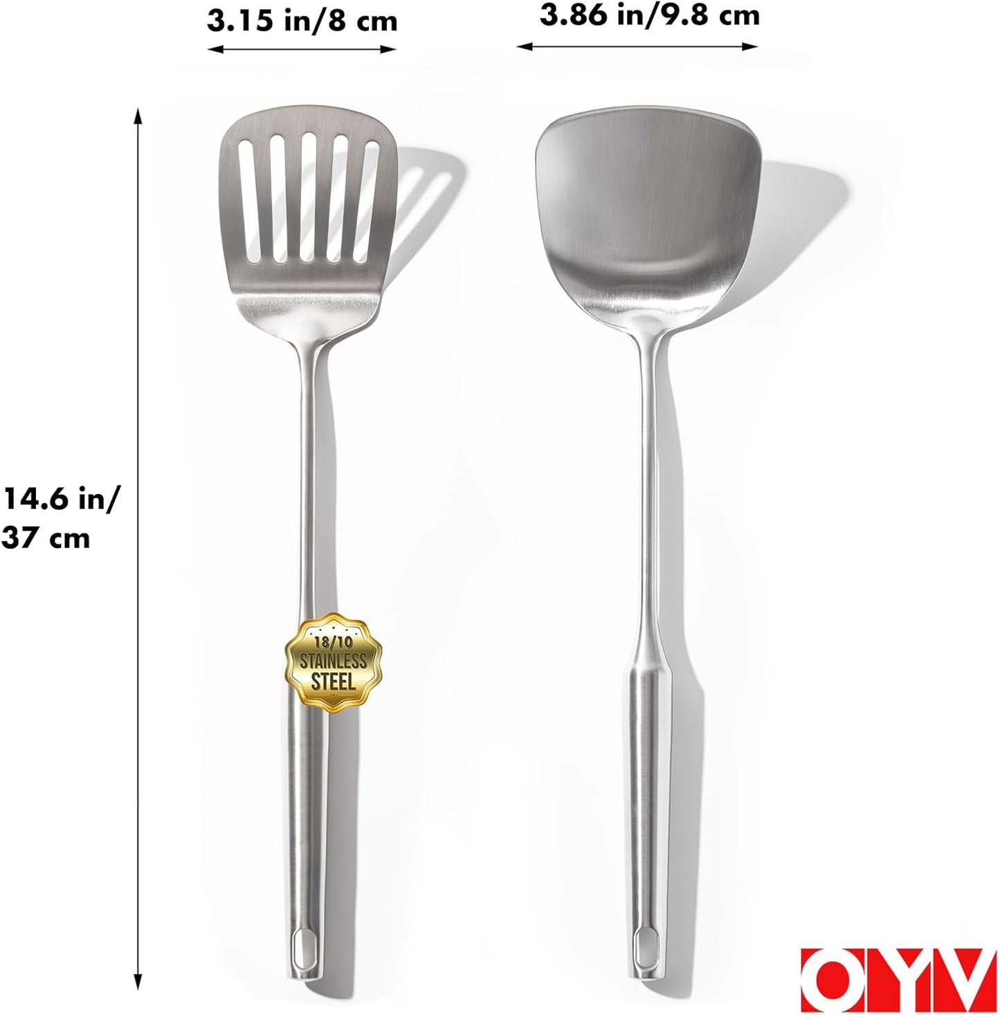 18/10 Stainless Steel Spatula Set - 15" Metal Spatulas for Kitchen Use, 1 Slotted Spatula + 1 Solid Turner, Heat Resistant Metal Cooking Utensils, Dishwasher Safe, Silver