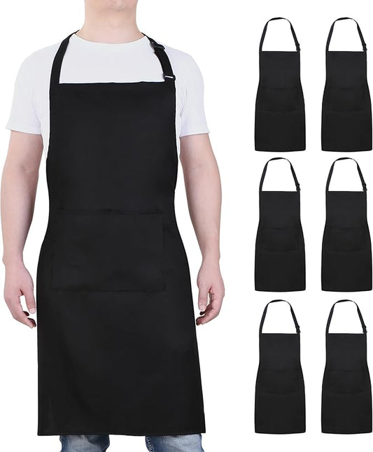 Will Well Chef Apron for Men and Women - 33" x 27" Large with 38" Waist Ties for a Comfy and Snug Fit, Durable and Lightweight, with 2 Spacious Pockets for Your Cooking Essentials - 6-Pack, Black