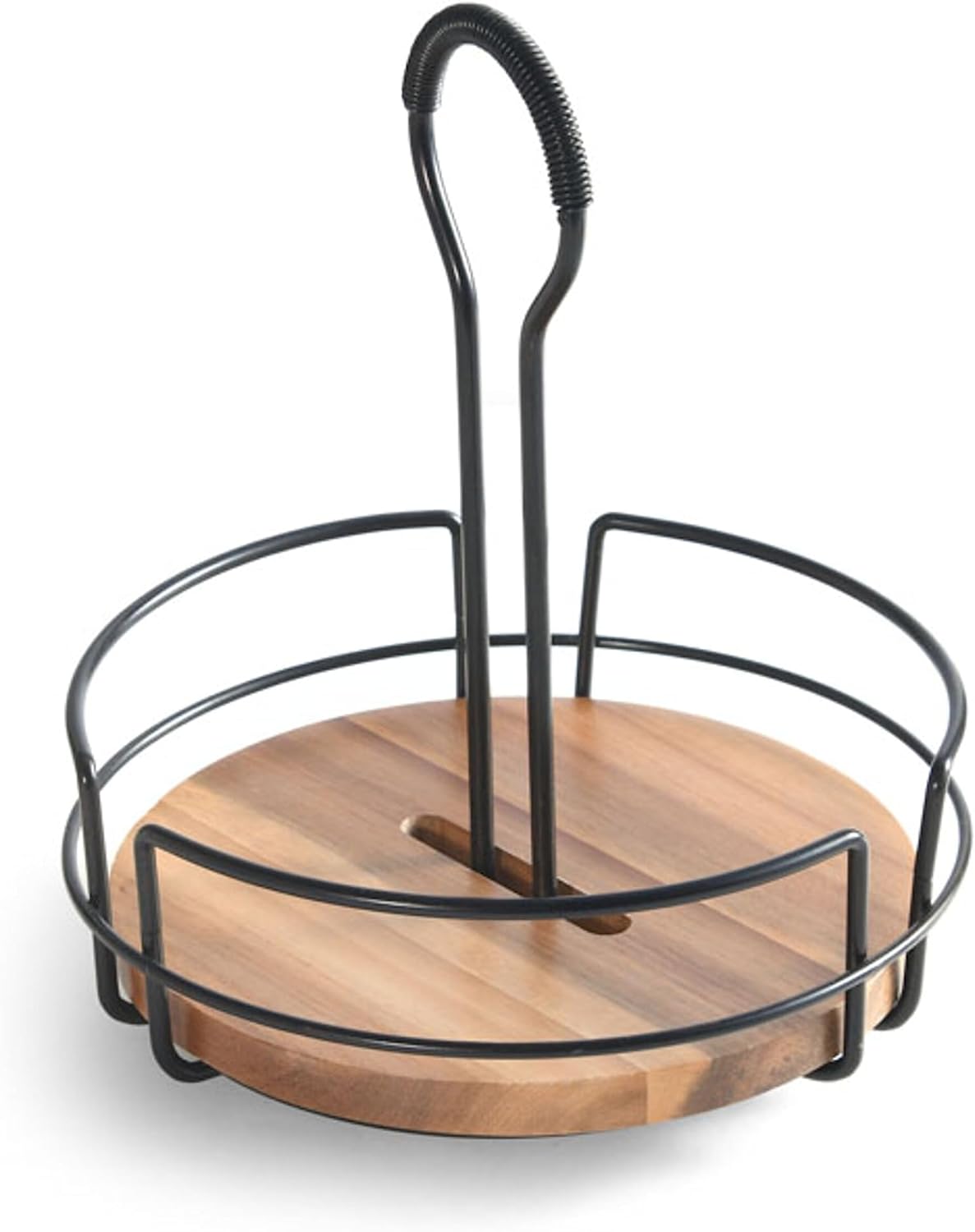 Mikasa Gourmet Basics Hanover Condiment Caddy with Rotating Caddy Organizer Design, Acacia Wood Insert - Durable, BPA-Free, Heavy-Gauge Carbon Structured Steel for Condiment Storage