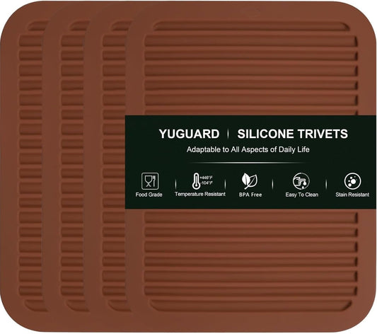 4 - Pack Multi - Purpose Silicone Mats | Heat Resistant Pot Holders for Kitchen | Non - Slip Hot Pads for Hot Pots, Pans & Quartz Countertops | Gray Kitchen Mats (Brown)