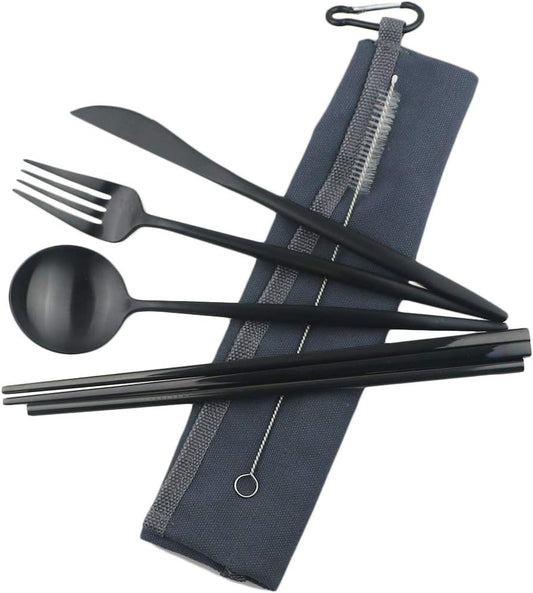 Gugrida Reusable Travel Utensils, 7 Piece Portable 304 Stainless Steel including Knife Fork Spoon Chopsticks Cleaning Brush Straws Portable Pouch, Eco-friendly Camping Silverware Set, Dishwasher Safe