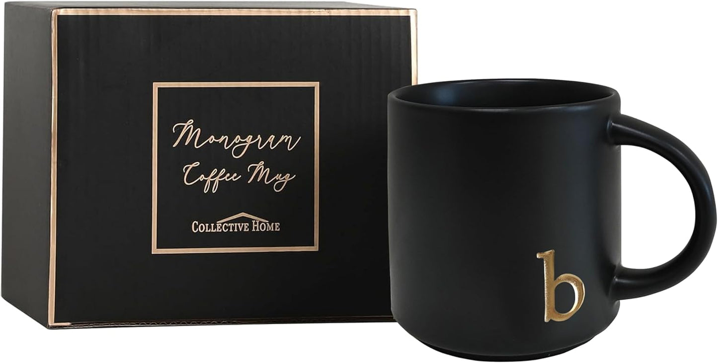 COLLECTIVE HOME - Black Monogram Ceramic Mugs, 15 oz Golden Initial Coffee Cups, Elegant Alphabet Tea Mugs, Personalized Halloween Mug with Gift Box, Perfect for Office and Home Décor (b)
