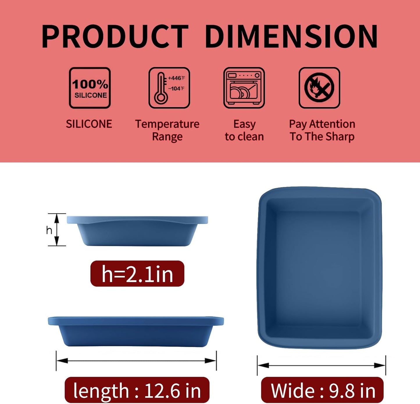 Sunsetbaby Silicone Bakeware Cake Pan, Rectangular Baking Dish with Handles, Compatible with Fancy Panz, for Lasagna, Cake, Brownie or Family Dinner, 12.6 x 9.8 x 2.1 Inch (2 Pack, Blue)