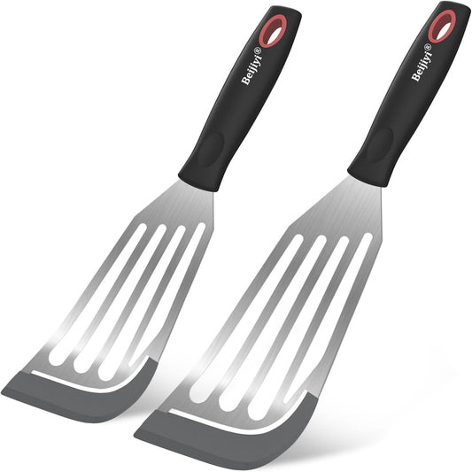Beijiyi Heat Resistant Silicone Fish Spatulas, 2-Piece Slotted Fish Turner Spatula Set for Non Stick Frying Pan, Kitchen Cooking Utensils Flexible Thin Egg Flipper, 12.3" & 10.6", Gray Silicone Edge