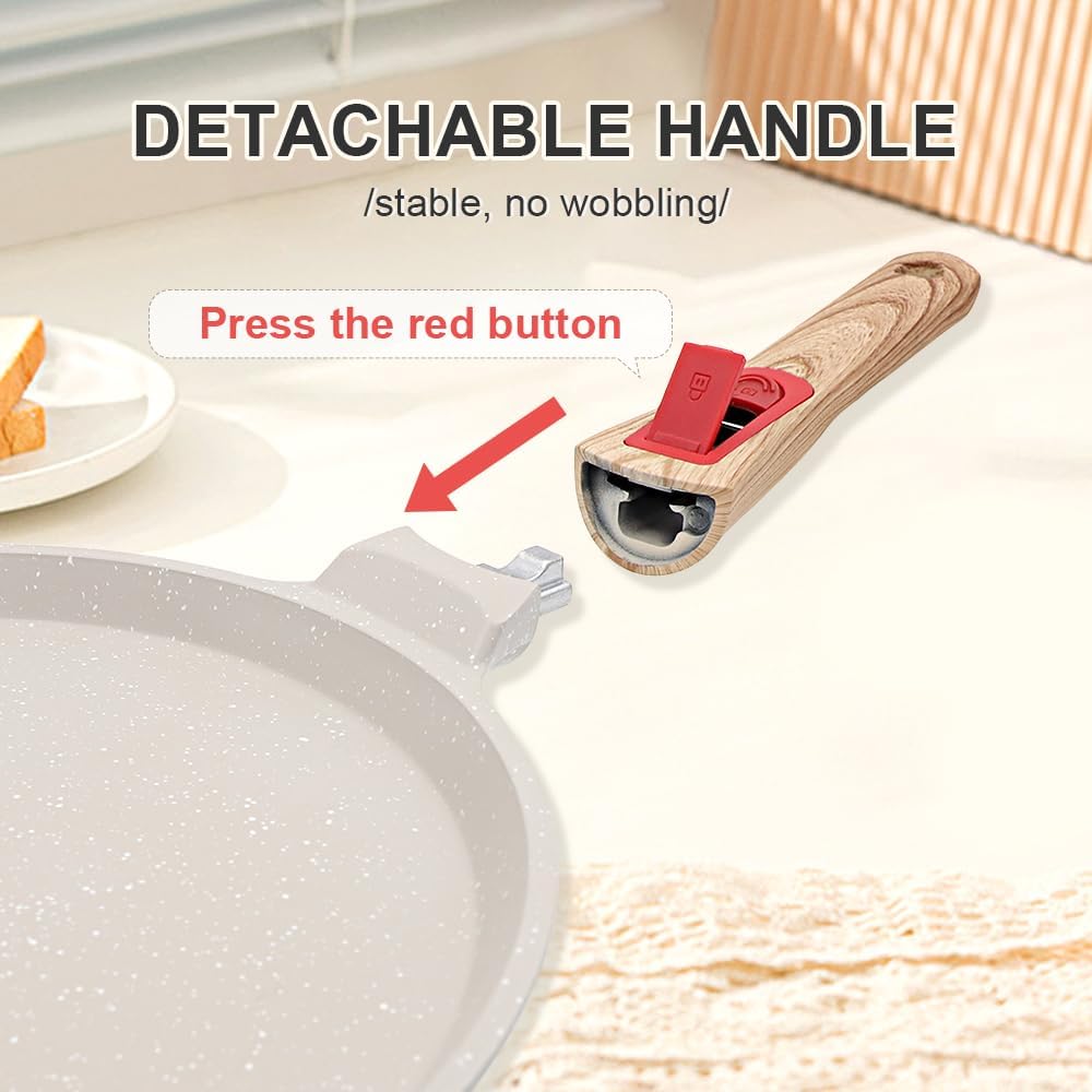 Non Stick Crepe Pan with Detachable Handle, 10 Inch Cast Aluminium Dosa Tawa Tortilla Pan, Pancake Pan Induction Compatible - White