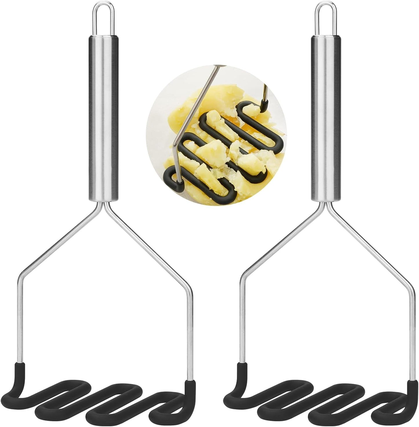 SHIKORI Non-Scratch Silicone Potato Masher Kitchen Tool, Potatoes Masher Potato Masher Stainless Steel Wrapped In Premium Silicone, Potato Smasher 2 Pcs-Black