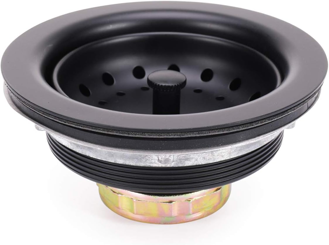 KONE 3-1/2 Inch Kitchen Sink Stainless Steel Basket Strainer Water Stopper with Drain Assembly, Black Finish Rustproof and Durable